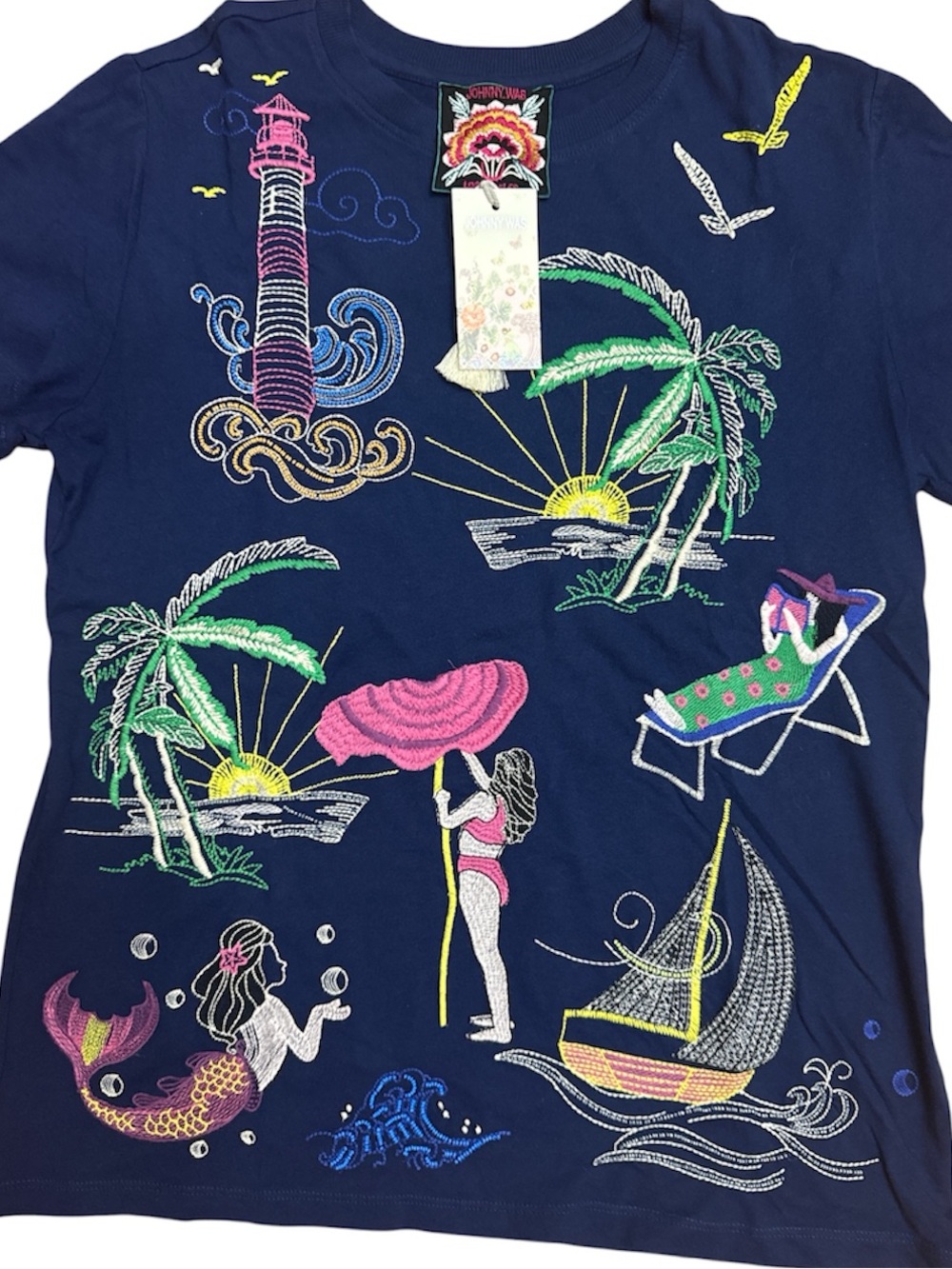 Johnny Was Navy Short Sleeve Travel Beach Scene Embroidered Tee - Picture 5 of 11